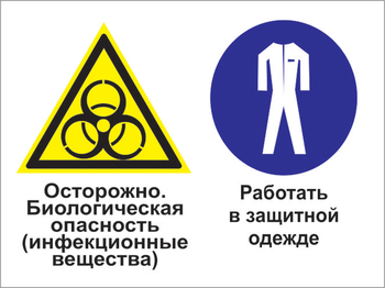 Кз 72 осторожно - биологическая опасность (инфекционные вещества). работать в защитной одежде. (пленка, 600х400 мм) - Знаки безопасности - Комбинированные знаки безопасности - магазин "Охрана труда и Техника безопасности"