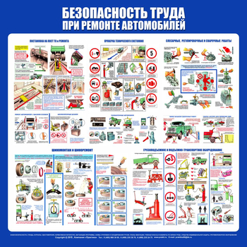 С28 Стенд безопасность труда при ремонте автомобилей (1000х1000 мм, пластик ПВХ 3 мм, алюминиевый багет золотого цвета) - Стенды - Тематические стенды - магазин "Охрана труда и Техника безопасности"